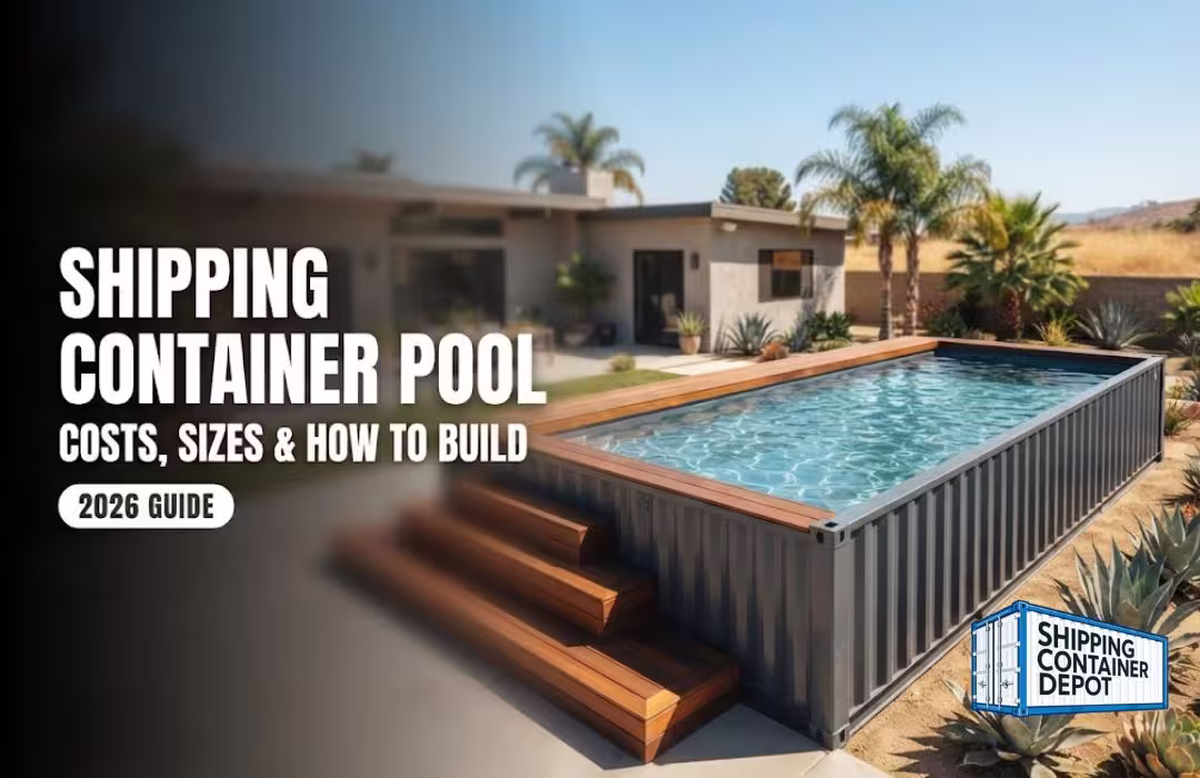 shipping container swimming pool installed above-ground in a sunny Southern California backyard
