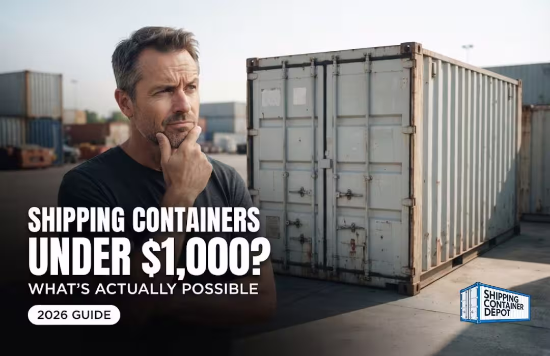 A Caucasian man in his 40s–50s stands in the foreground to one side of a depot yard, seen from a three-quarter angle, arms crossed or hand on chin, studying a weathered budget-condition shipping container with a skeptical