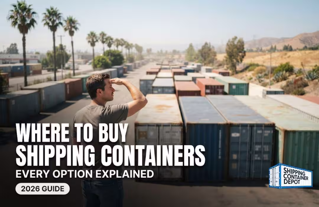 A Caucasian buyer in their 30s–40s stands in the foreground to one side of a large Southern California container depot, seen from a three-quarter back angle, one hand shading their eyes from the bright sun, surveying rows of shipping containers stretching out before them