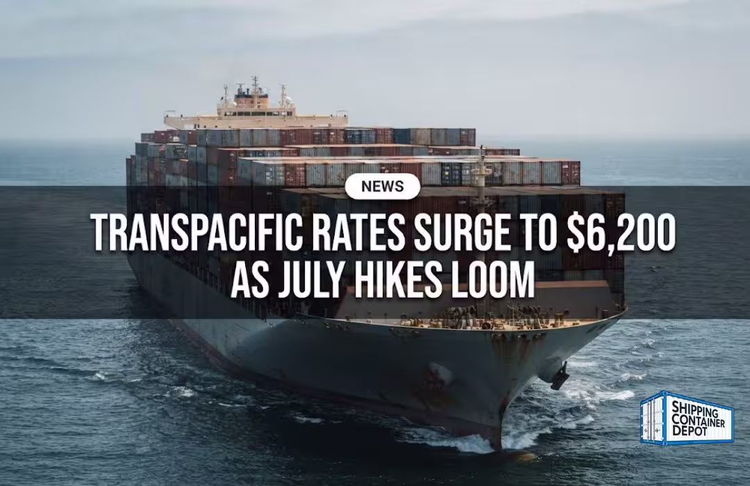 Container ship at sea, news briefing: transpacific rates surge to $6,200 as July hikes loom