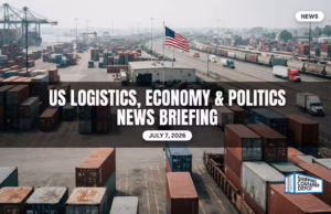 Port container terminal with a US flag, US logistics, economy and politics news briefing, July 7, 2026
