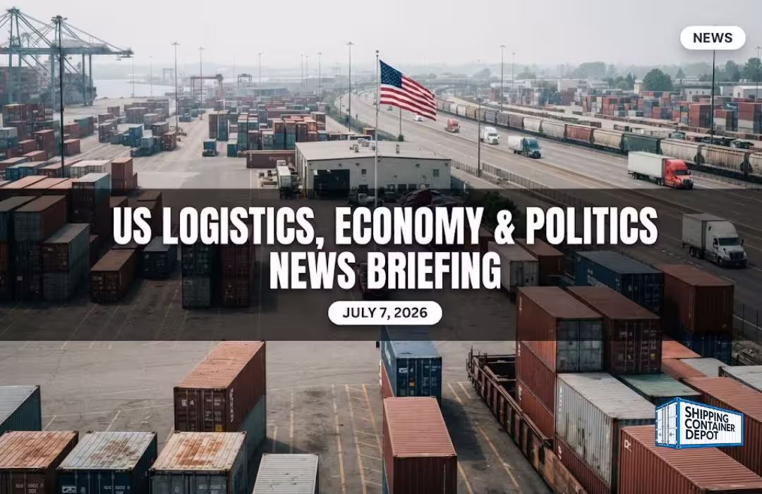 Port container terminal with a US flag, US logistics, economy and politics news briefing, July 7, 2026