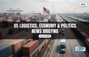 Freight trucks leaving a port terminal, US logistics, economy and politics news briefing, July 8, 2026