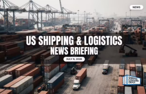 Stacked containers and trucks at a port terminal, US shipping and logistics news briefing, July 9, 2026