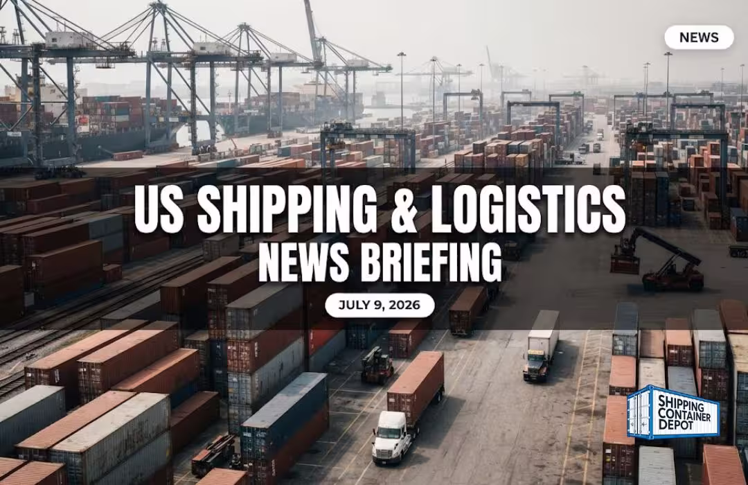 Stacked containers and trucks at a port terminal, US shipping and logistics news briefing, July 9, 2026
