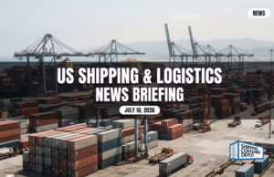 Ship-to-shore cranes over stacked containers at a port, US shipping and logistics news briefing, July 10, 2026