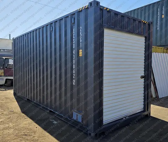Painted container with roll-up door and branding