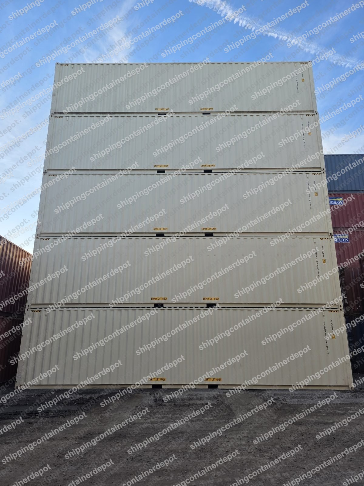 New 40ft one-trip containers stacked in yard