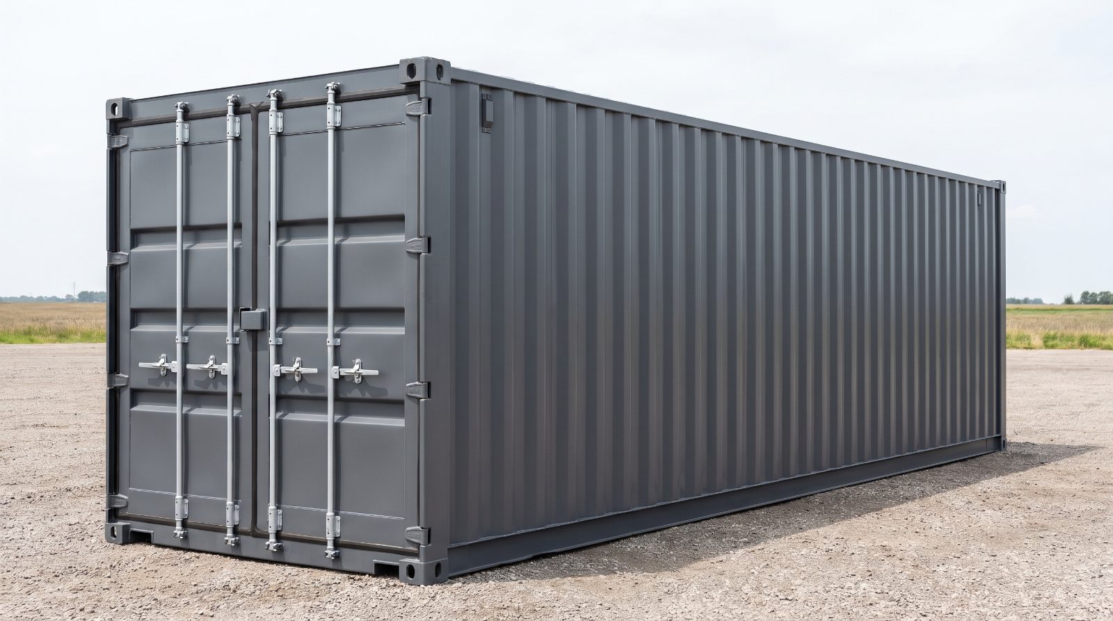 New one-trip 40ft steel shipping container with cargo doors closed