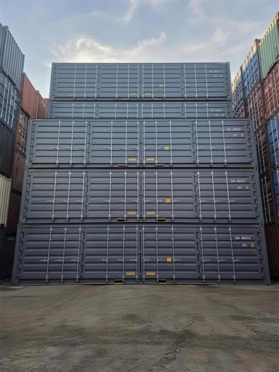 Stacked used shipping containers for sale